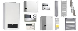 Foto van diverse soorten CV randapparatur; thermostaten, radiatoren, CV-ketels.